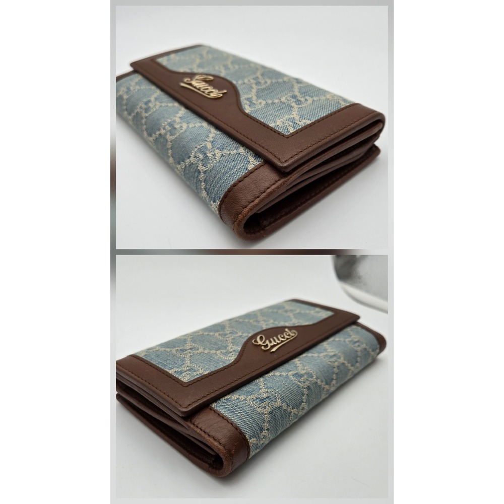 Gucci GG Monogram Denim Leather Long Wallet Blue Brown COA - Picture 4 of 13